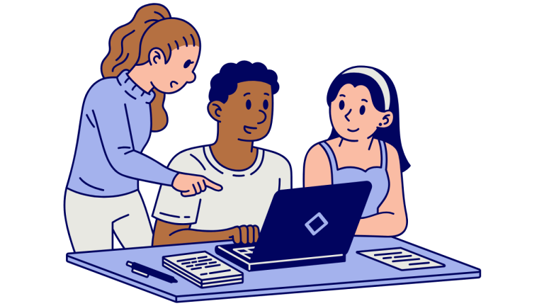 Simple Drawing of University Students Having a Discussion Around a Laptop. Pat Librojo from sketchify.