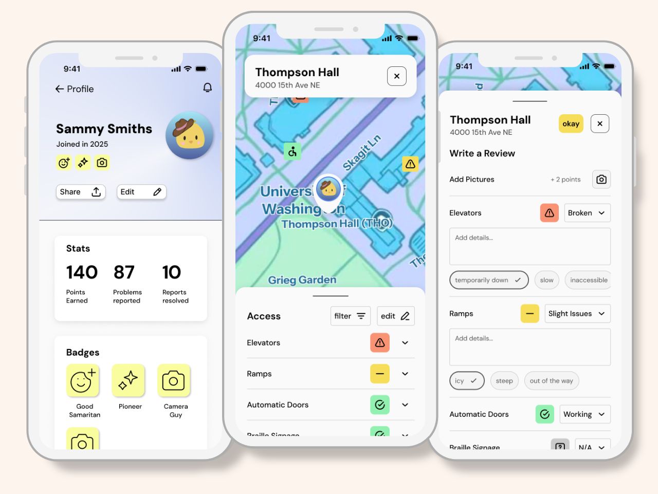 3 key wireframes from AccessiPal in phone frames